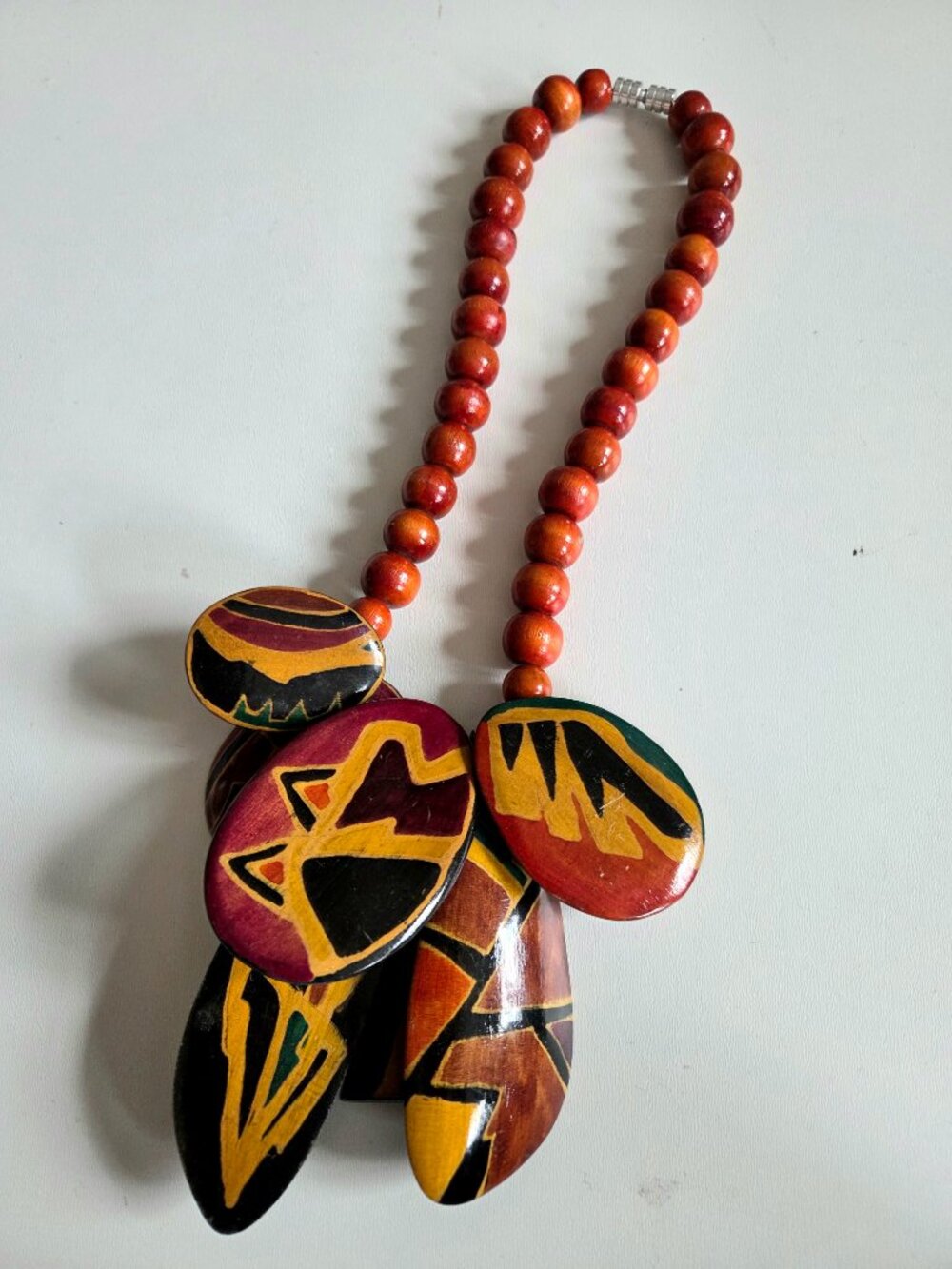 Wooden Handmade Hand Painted Large Oversized Pendant Signed by Artist.